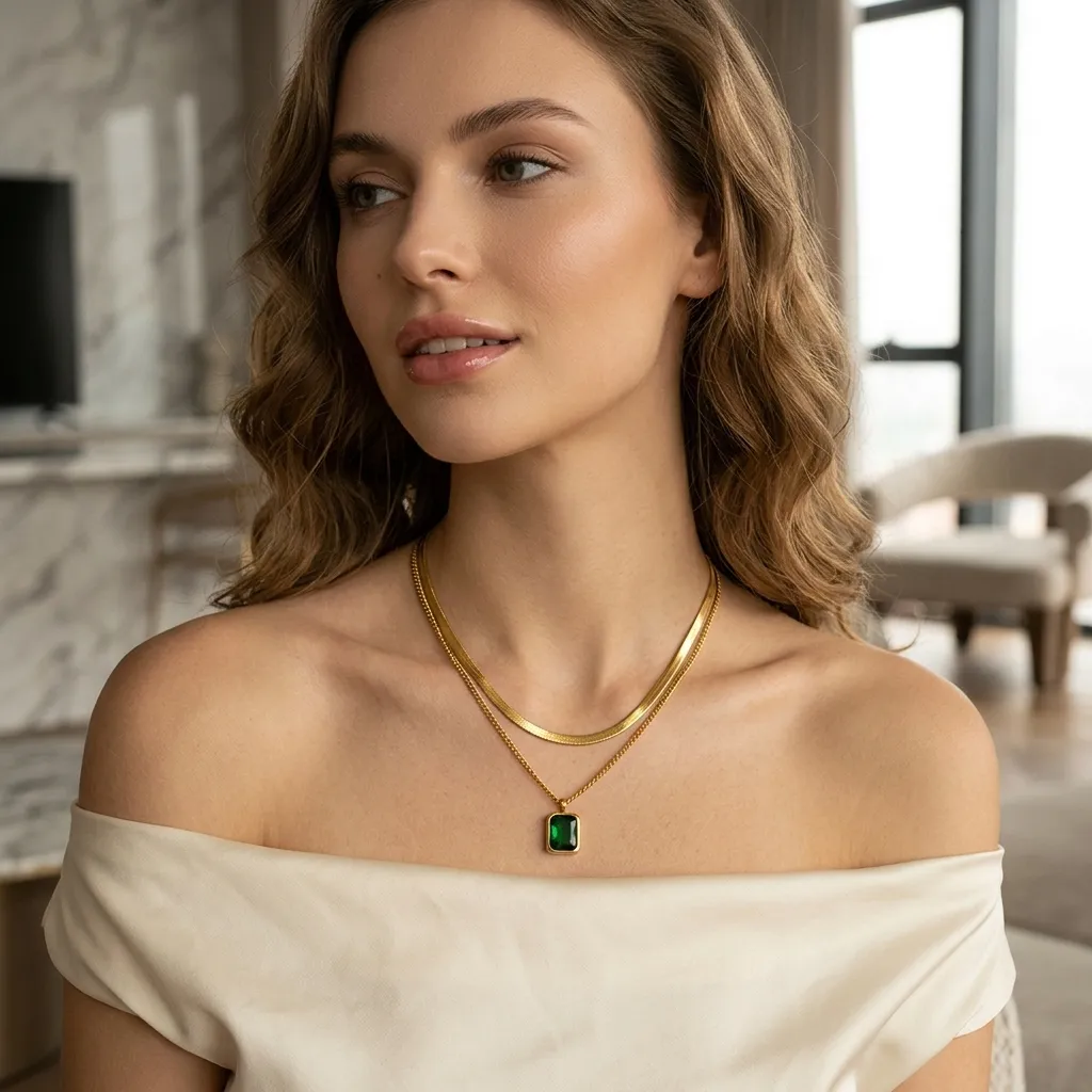 Emerald Layered Necklace | Stainless Steel | 18K Gold Plated | Anti Tarnish