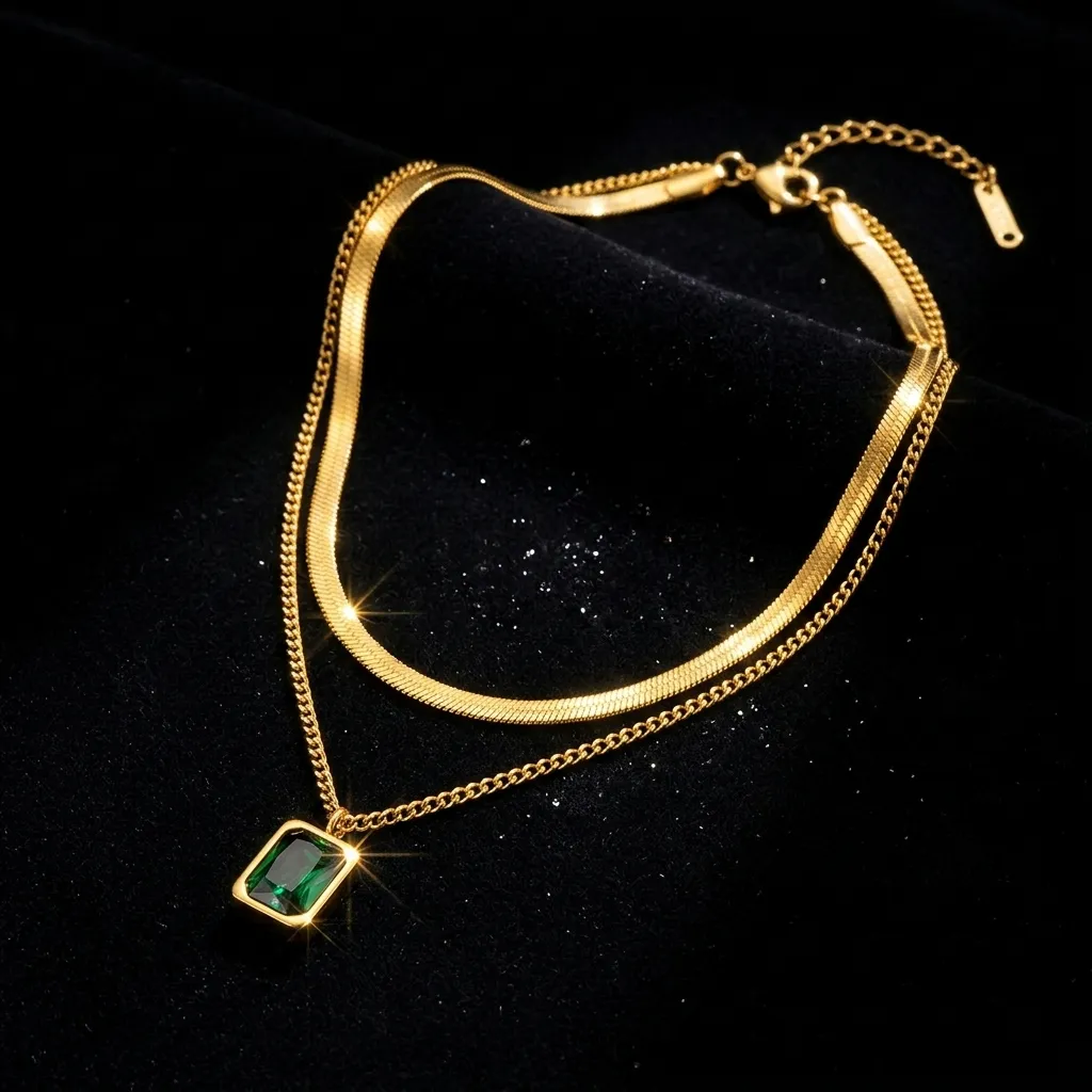 Emerald Layered Necklace | Stainless Steel | 18K Gold Plated | Anti Tarnish