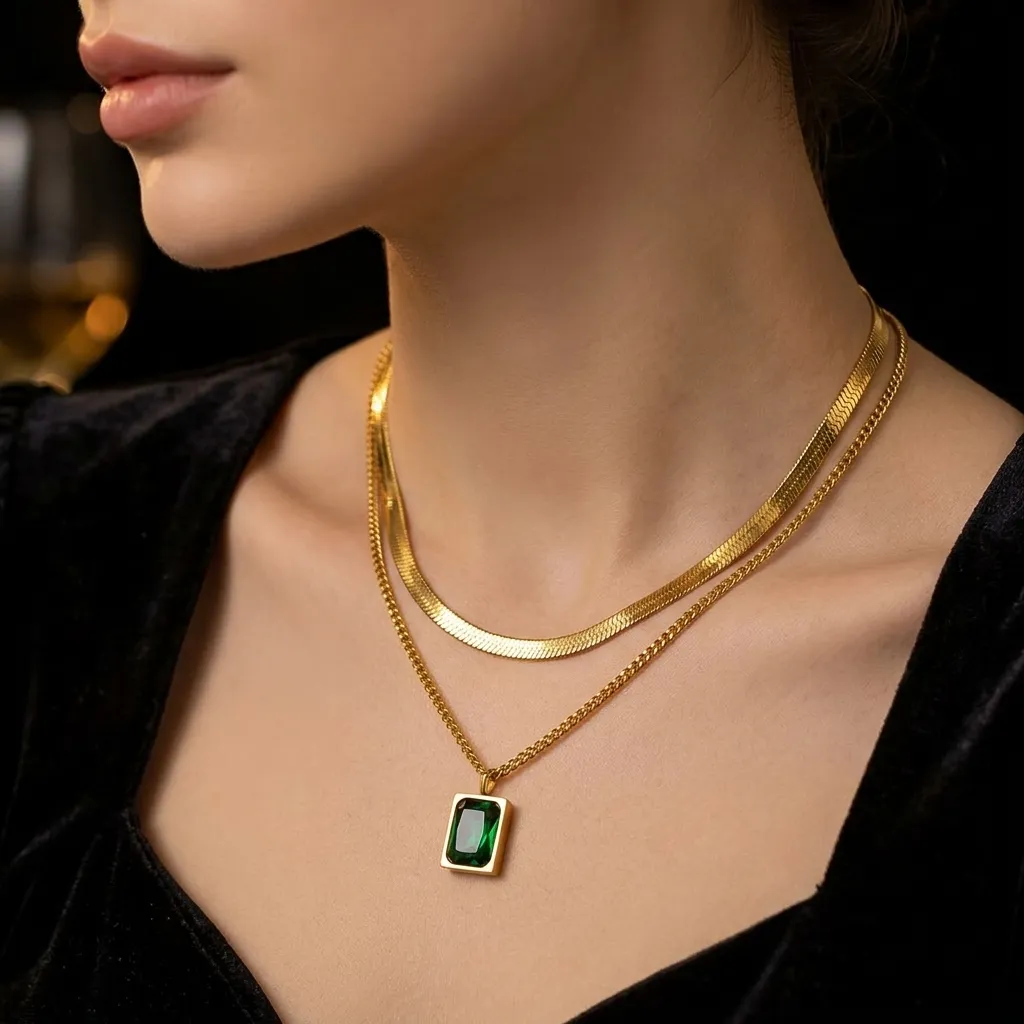 Emerald Layered Necklace | Stainless Steel | 18K Gold Plated | Anti Tarnish