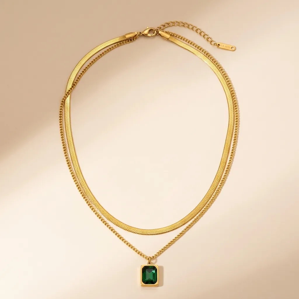 Emerald Layered Necklace | Stainless Steel | 18K Gold Plated | Anti Tarnish