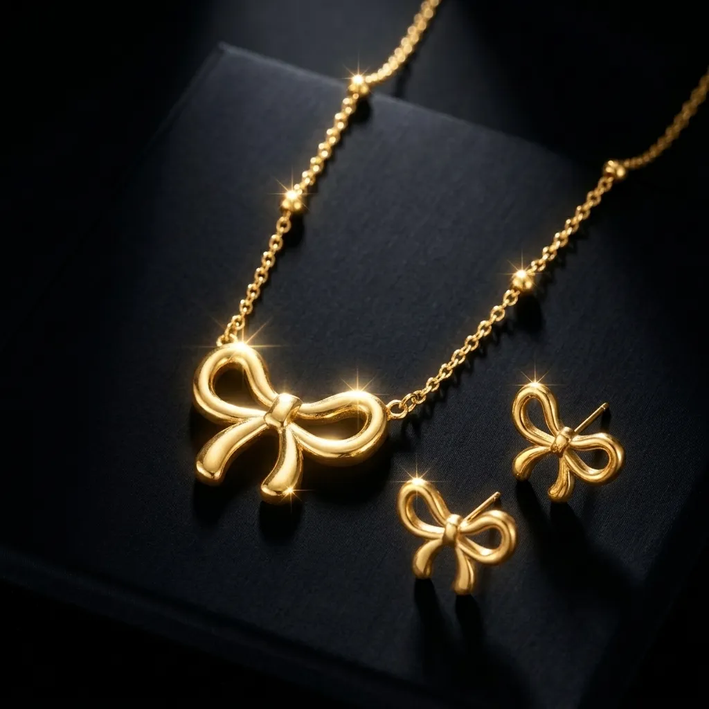 Bella Bow Necklace with Earrings | Stainless Steel | 18K Gold Plated | Anti Tarnish