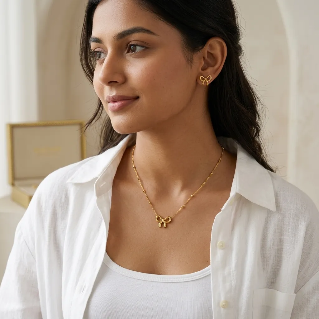 Bella Bow Necklace with Earrings | Stainless Steel | 18K Gold Plated | Anti Tarnish