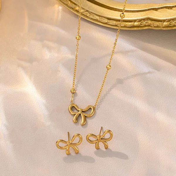 Bella Bow Necklace with Earrings | Stainless Steel | 18K Gold Plated | Anti Tarnish