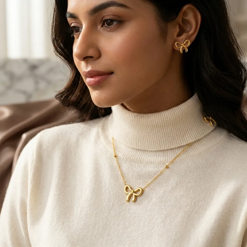 Bella Bow Necklace with Earrings | Stainless Steel | 18K Gold Plated | Anti Tarnish