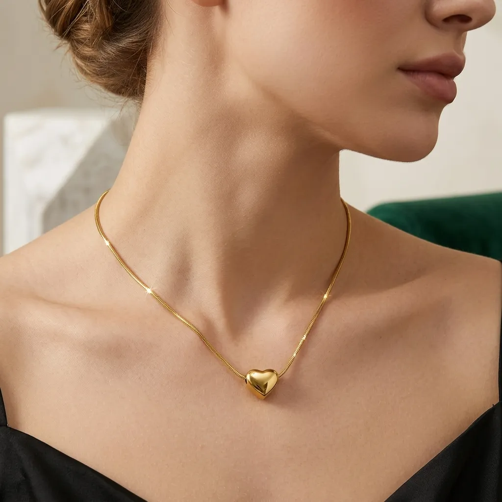 Mia Puffed Heart Necklace | Stainless Steel | 18K Gold Plated | Anti Tarnish