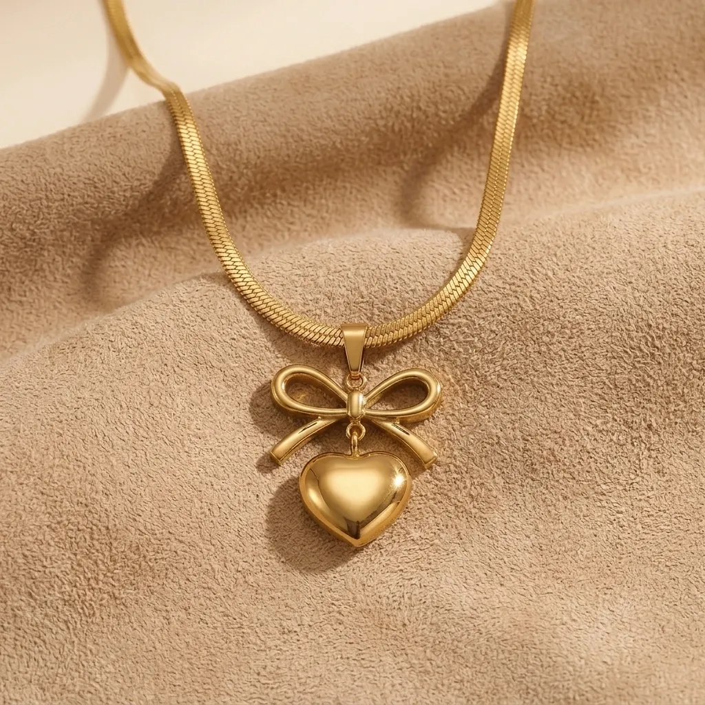Amelia Bow Heart Necklace | Stainless Steel | 18K Gold Plated | Anti Tarnish