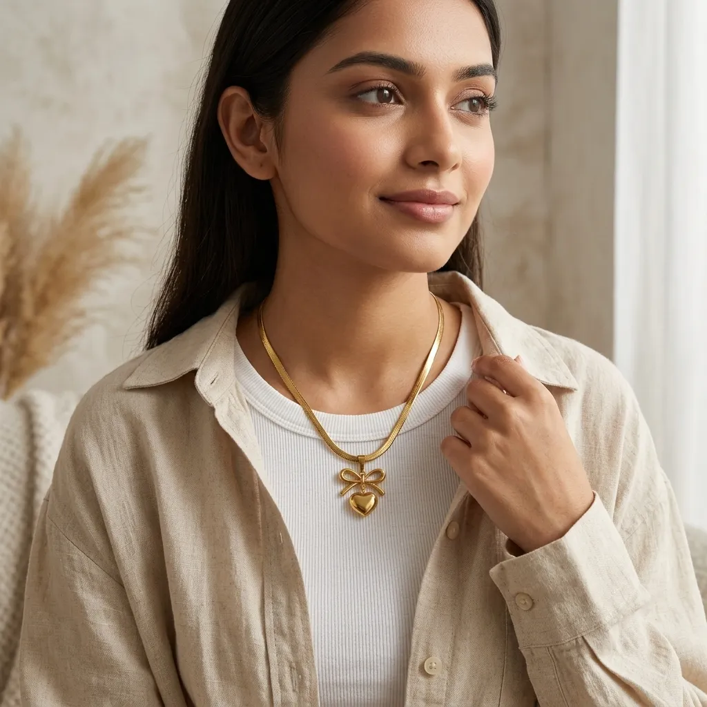 Amelia Bow Heart Necklace | Stainless Steel | 18K Gold Plated | Anti Tarnish