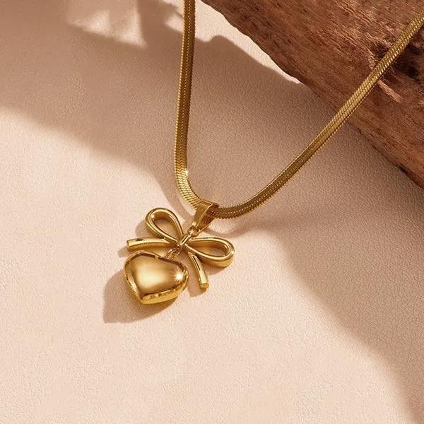 Amelia Bow Heart Necklace | Stainless Steel | 18K Gold Plated | Anti Tarnish