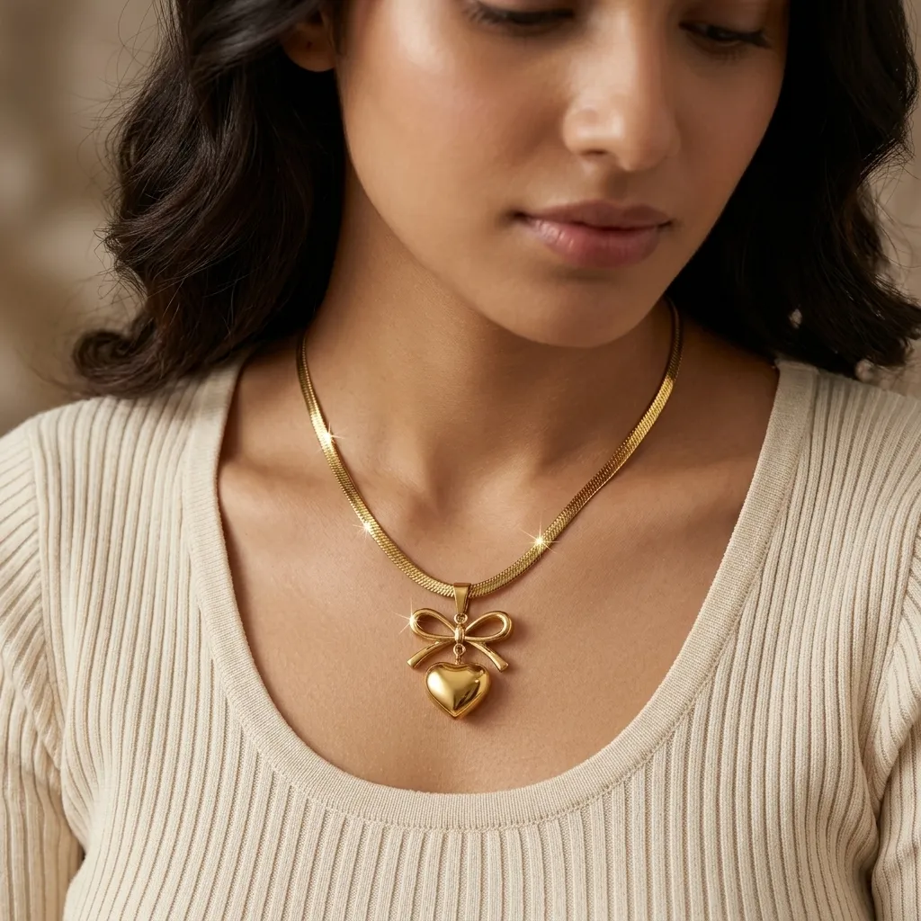 Amelia Bow Heart Necklace | Stainless Steel | 18K Gold Plated | Anti Tarnish